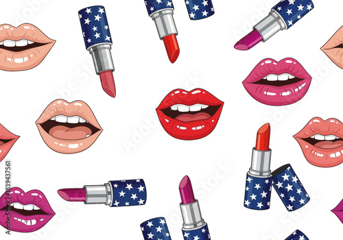Seamless pattern of pop art style lips and lipstick tubes with american flag stars and stripes design, white