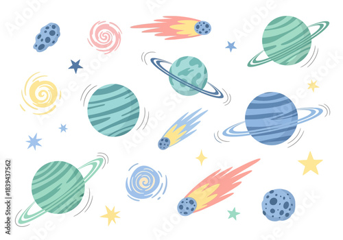 Set of colorful cartoon planets, comets, and stars in space