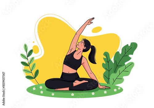 Woman practicing yoga in side bend pose parsva sukhasana outdoors with greenery and yellow abstract background