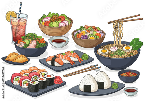 Assortment of japanese food ramen, sushi rolls, nigiri, onigiri, salads, and iced drink illustration