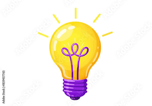 Bright yellow light bulb with glowing filament and rays of light, idea concept