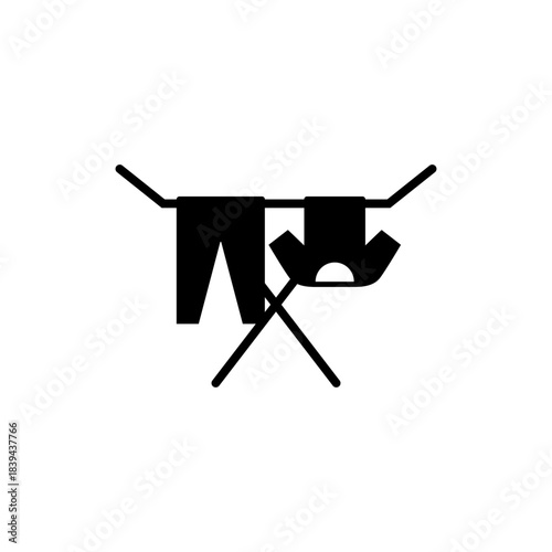 Clothes drying rack icon. Stand for dryer clothes. Portable folding clothes drying rack with a shirt and pants hanging to dry. Isolated vector illustration on white background.