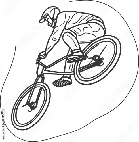 Dynamic black and white outline illustration captures a skilled cyclist performing an extreme jump on a mountain.