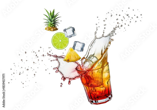Dynamic tropical cocktail splash with pineapple, lime, and ice, isolated on transparent background