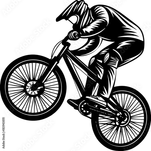 Dynamic black and white vector illustration of a stylized mountain bike rider performing 