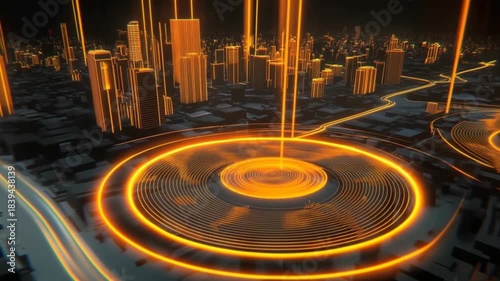 Dynamic cityscapes highlighted by glowing, orange energy rings.