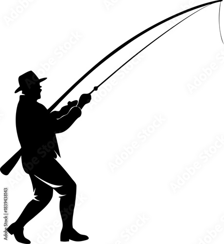 Dynamic black silhouette illustration depicting a passionate fisherman actively casting his long fishing rod