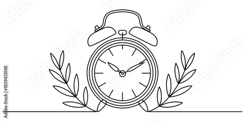 Retro alarm clock illustration with laurel branches, symbolizing time, achievement, and classic design, rendered in a minimalist line art style. Vector, illustration