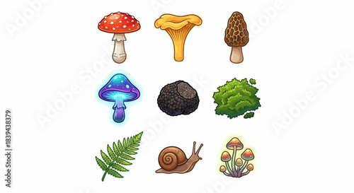 Stylized Forest Assets: Fungi, Snail, Truffle, Fern Icons