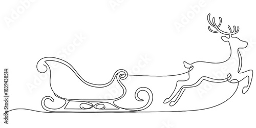 Elegant single line drawing of a reindeer pulling a sleigh, symbolizing winter holidays, christmas, and festive season travel with grace and motion. Vector, illustration