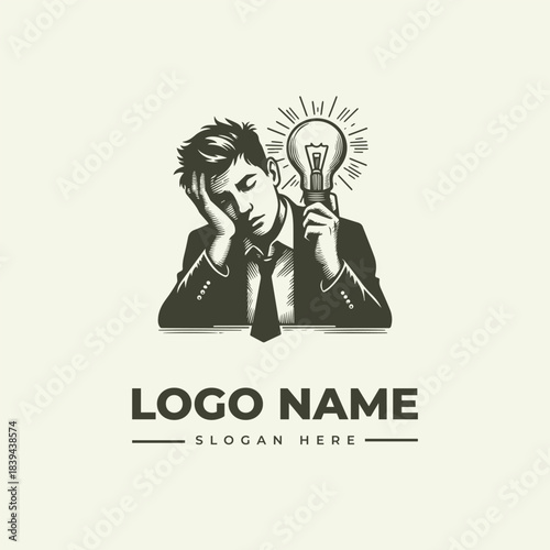 A pensive businessman finds inspiration, beautifully rendered as a detailed vector logo illustration in classic engraving style.