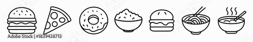 Set of Food Line Icons – Burger, Pizza, Donut, Dumplings, Noodles and Bowl Outlined Illustration