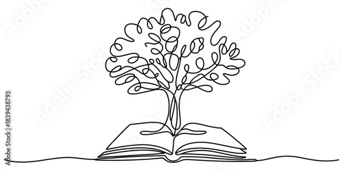 Continuous line drawing of a tree growing from an open book, symbolizing knowledge, growth, imagination, and learning. elegant minimalist art. Vector, illustration