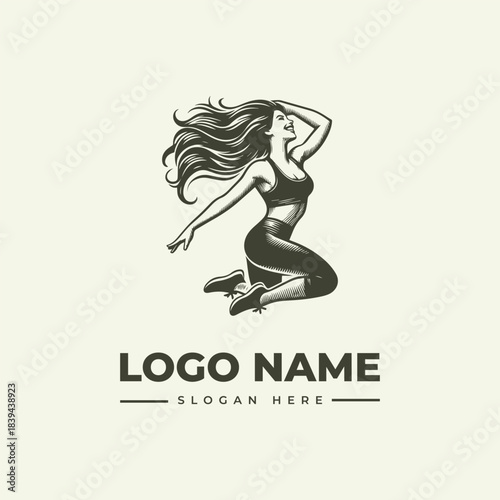 Energetic jumping woman in athletic wear, a stylish vector logo illustration with an engraving aesthetic.