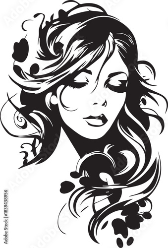 Fashion woman portrait vector sketch. Black and white line art girl face for hairstyle and makeup branding.