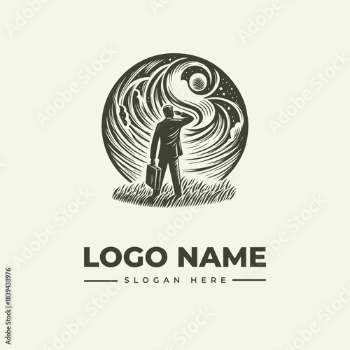 Businessman's future vision: a vector logo illustration with an evocative engraving style.