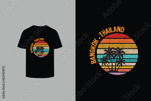 Bangkok Thailand vintage t-shirt design with palm trees silhouette. Retro grunge sunset circle vector illustration for apparel and travel souvenir.