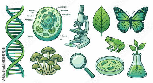 Green Biology Icons: DNA, Cell, Microscope, Animals, Plants