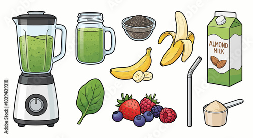 Vegan Green Smoothie Ingredients and Blender Illustration Set