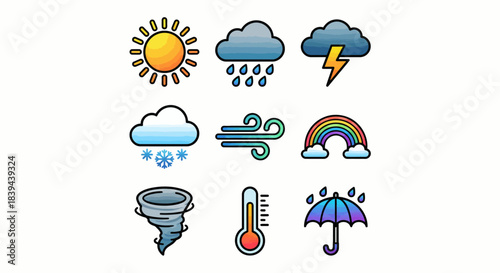 Weather Icons Set: Sun, Rain, Snow, Storm, Tornado, Rainbow