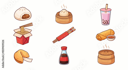 Cute Chinese Food and Dim Sum Icons Set