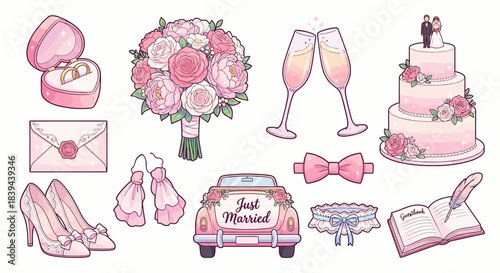 Romantic Pink Wedding Set of Cute Cartoon Elements