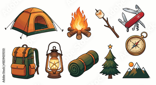 Cartoon Set of Outdoor Camping Gear and Hiking Equipment