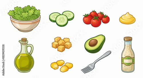 Healthy Salad Components Cartoon Icons Collection