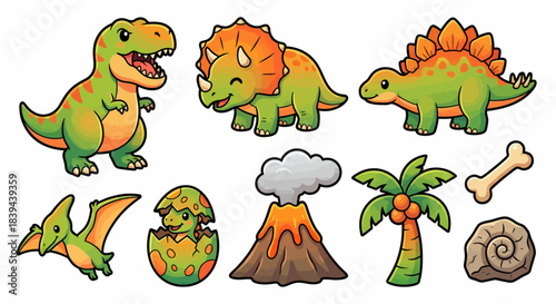 Cute Cartoon Dinosaur and Prehistoric Elements Set