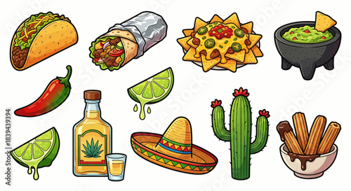 Vibrant Mexican Food and Fiesta Elements Cartoon Illustration