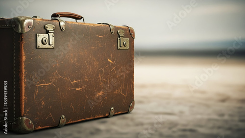 Old leather suitcase resting on the ground in a soft-lit setting  