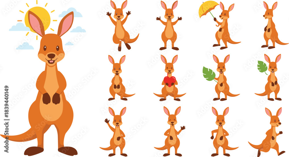 Obraz premium Cute kangaroo character vector set featuring various poses, baby joey, umbrella, heart, leaves and playful Australian animal illustrations