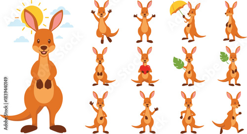 Cute kangaroo character vector set featuring various poses, baby joey, umbrella, heart, leaves and playful Australian animal illustrations