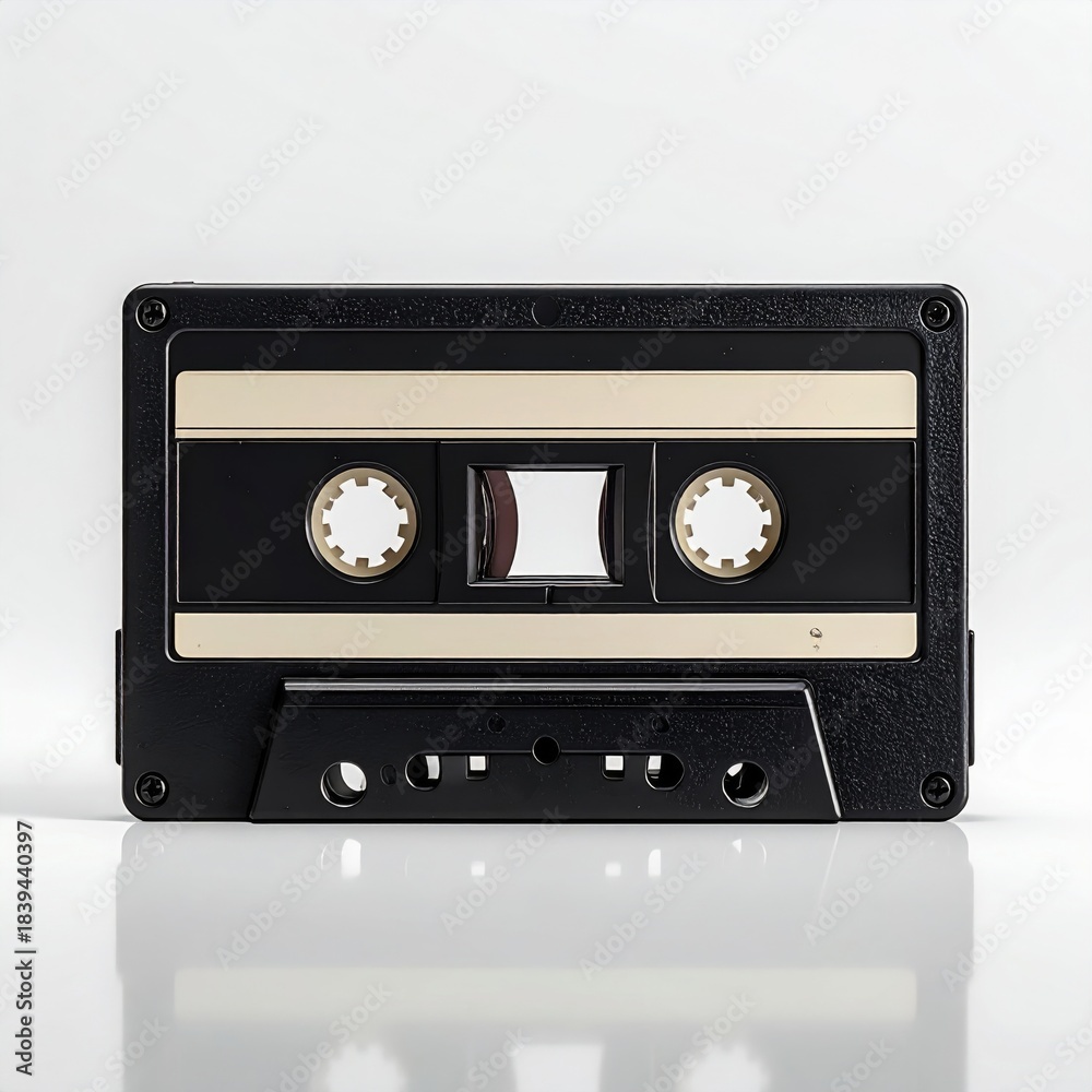 Obraz premium Black Audio Cassette Tape with Gold Stripes on White Background Studio Lighting