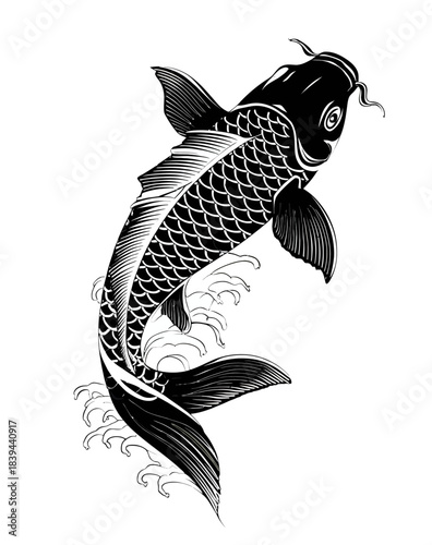 Stylized Black and White Koi Fish Illustration with Traditional Asian Waves. Elegant Japanese Carp Art Graphic Design.