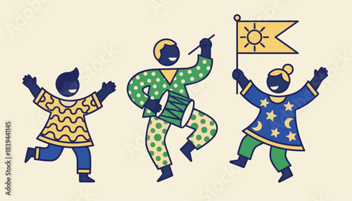 A joyful ensemble with playful silhouettes and patterns designed for youth celebrations encouraging the continuation of cultural festivities through generations.