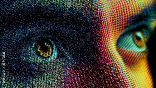 Analyzing eye reflections with faint dotted scanning lines against a neutral gradient background