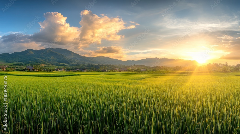 Fototapeta premium The sun sets over a vibrant green rice field, casting golden rays across the landscape and illuminating the lush vegetation with a warm, inviting glow, creating a picturesque scene