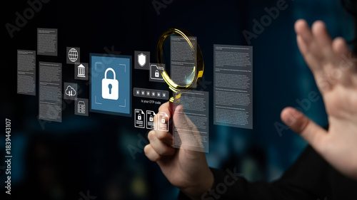 Foto A hand examines an array of digital security elements on a virtual screen using a magnifying glass, highlighting the significance of safeguarding online data and privacy