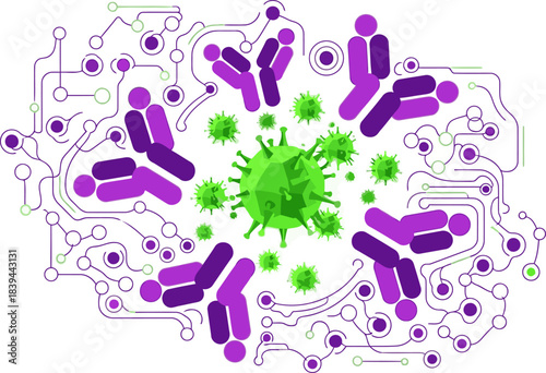 An abstract vector illustration depicts the immune system defending against a virus. Purple antibodies surround a green virus, set against a circuit board background. Modern, vibrant, and informative.