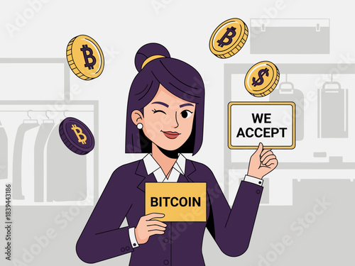 A smiling businesswoman proudly displays 'We Accept Bitcoin' signage amidst floating coins. Modern, vibrant illustration promoting cryptocurrency acceptance. Suitable for business and finance visuals.