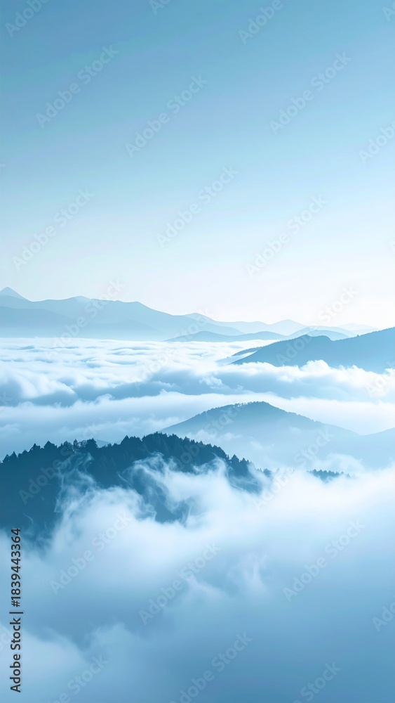 Fototapeta premium Serene Mountain Peaks Emerge from a Sea of Clouds Under a Hazy Blue Sky