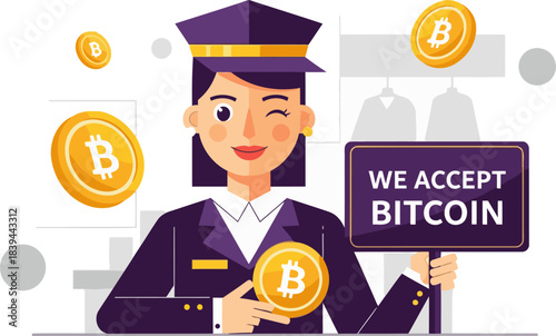 A stylish airline attendant proudly displays a 'We Accept Bitcoin' sign, holding a Bitcoin coin. Modern, vibrant illustration. Suitable for business and cryptocurrency themes.