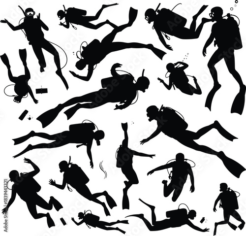 Set of scuba diver silhouettes in various underwater swimming poses with diving gear, fins, bubbles, and ocean exploration actions, ideal for marine, sport, and adventure illustrations