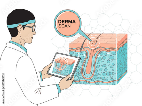 A professional examines a skin scan on a tablet, illustrating dermatology technology. Modern, clean, and informative visual for healthcare or beauty concepts.