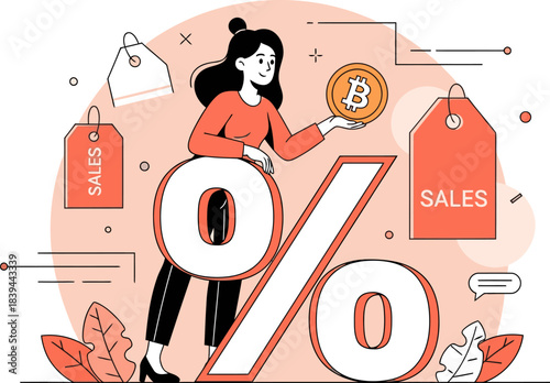A stylish woman holds a Bitcoin coin near a 'Sales' tag and a percentage sign, symbolizing smart financial moves. Modern illustration, vibrant colors, and a professional aesthetic.
