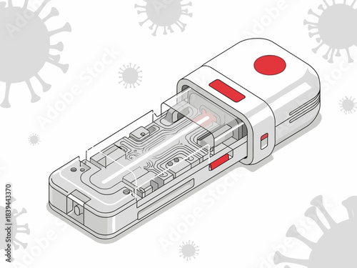 stylized illustration showcases a rapid virus test device highlighting its design and functionality The image features a clean modern aesthetic with a red cross