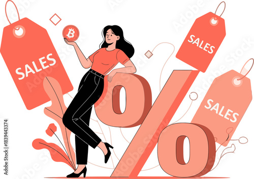 A stylish woman holds sale tags with a zero percent discount, surrounded by sales promotions. Modern illustration, vibrant colors, and a focus on smart money moves.