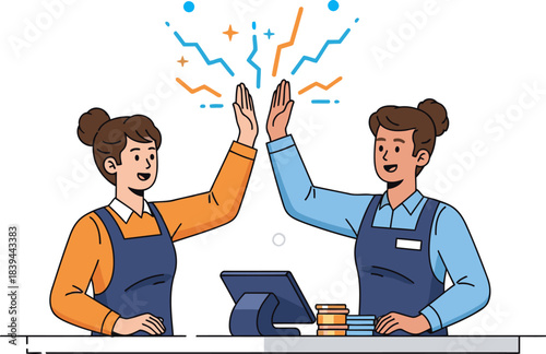 Two female retail workers celebrate a completed deal with a high-five. Modern, bright, and professional setting.  Illustrative style. ?Deal is done? text overlay.