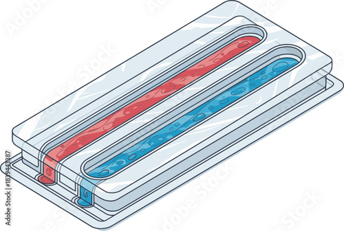 A stylized organ chip illustration showcases a modern, dual-fluid design with blue and red channels. Clean lines and a geometric style create a visually appealing and professional graphic.